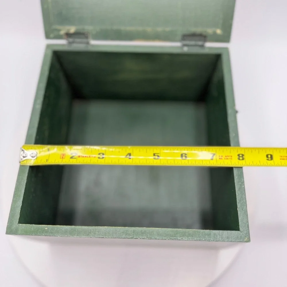 Vintage Wooden Green Lidded Box w/ Tile Mosaic Heart Cottagecore Country Chic